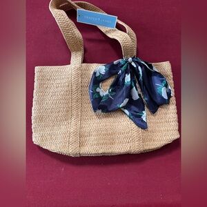 Draper James Tan Woven Tote Bag with Floral Scarf Accent